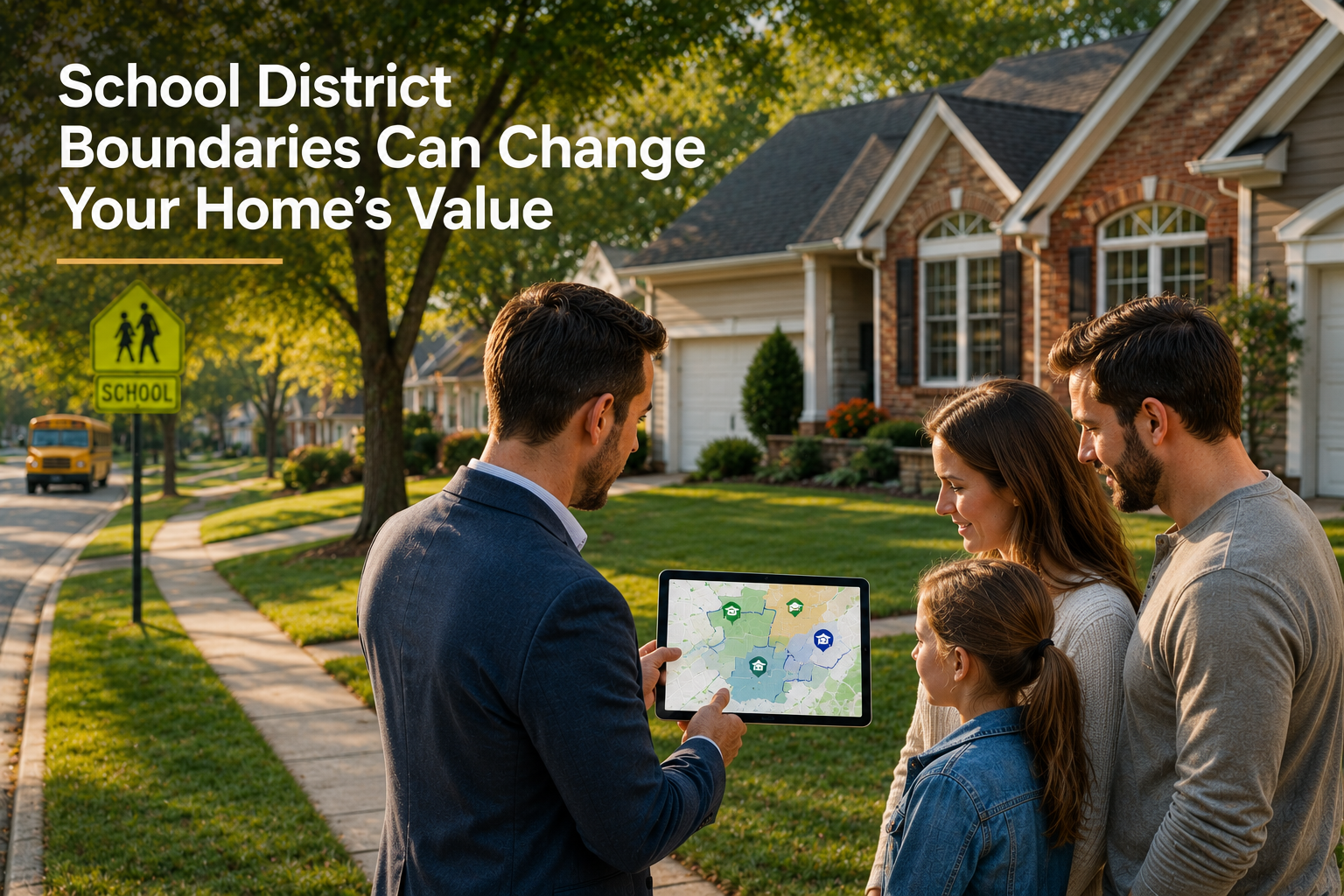 Photorealistic Gladstone Missouri neighborhood scene with a real estate advisor showing a family school district boundary data on a tablet, with well-kept suburban homes, school zone sign, and headline text reading “School District Boundaries Can Change Your Home’s Value.