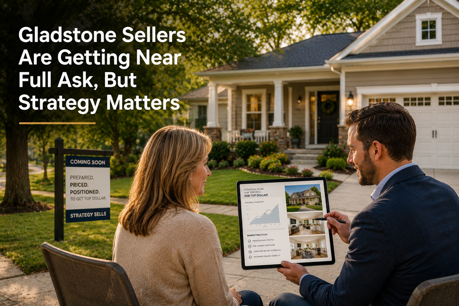 Photorealistic Gladstone Missouri seller consultation scene with a real estate advisor reviewing pricing and marketing strategy on a tablet outside a market-ready suburban home, with headline text reading “Gladstone Sellers Are Getting Near Full Ask, But Strategy Matters.”