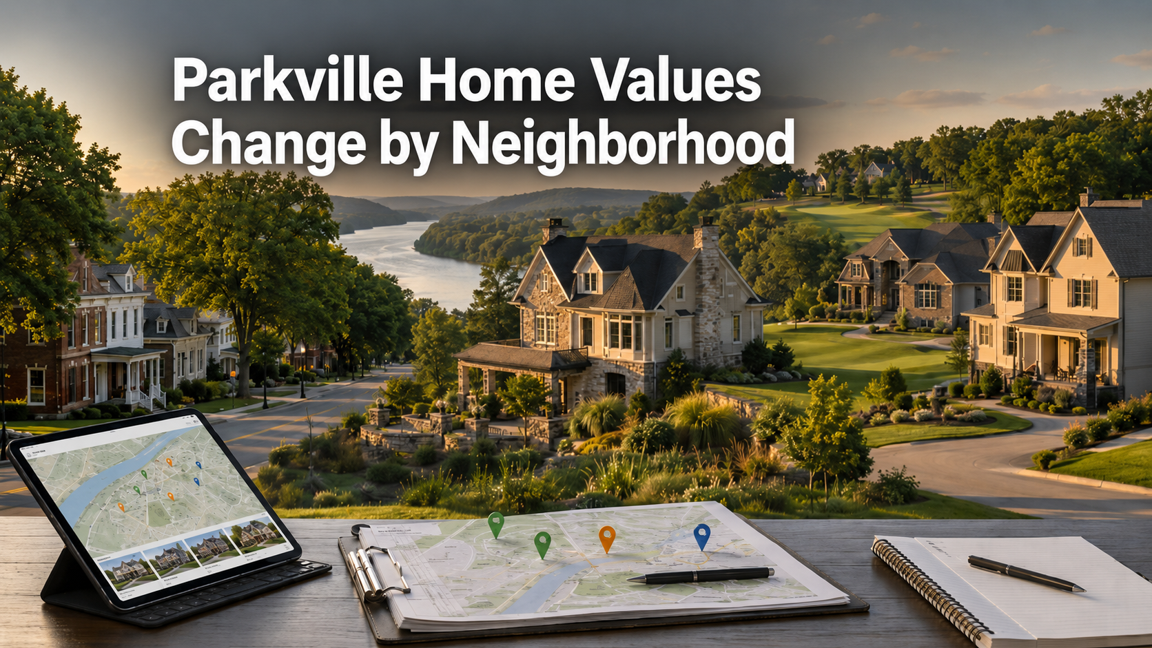 Parkville Missouri neighborhood real estate analysis showing historic homes, riverfront bluff views, upscale subdivisions, and map-based home value comparisons by location.