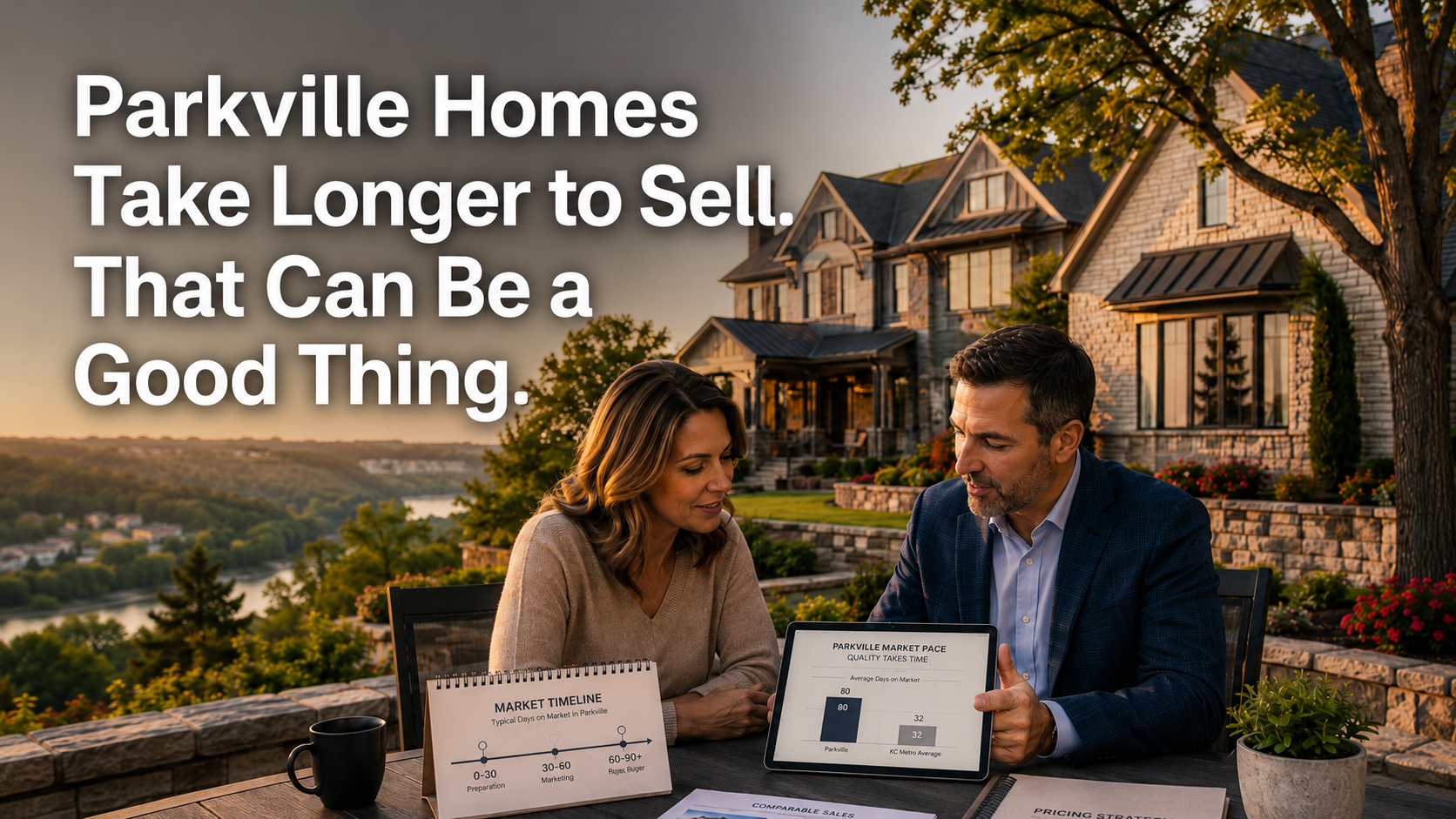 Parkville Missouri real estate advisor reviewing pricing strategy with a homeowner outside a luxury bluff-view home, showing why premium homes can take longer to sell.