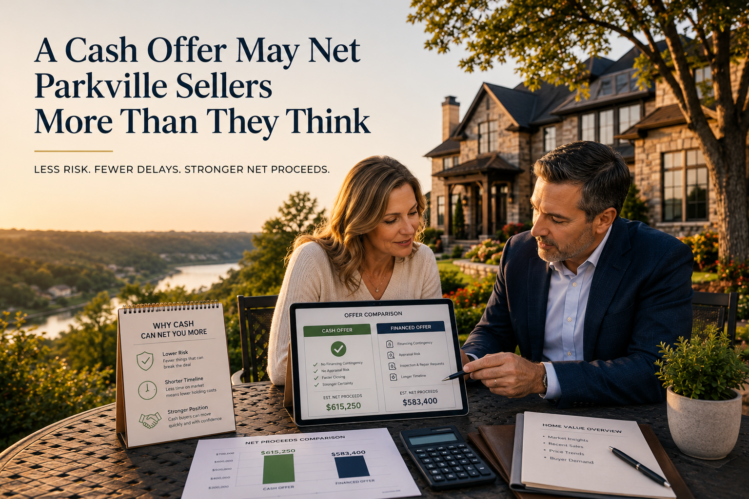 Parkville Missouri real estate advisor comparing cash offer and financed offer options with a homeowner outside a luxury bluff-view home, showing how cash offers may reduce risk and increase net proceeds.