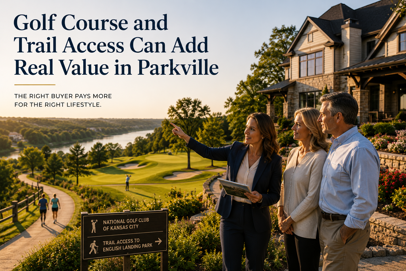 Parkville Missouri luxury home near golf course and walking trail, with real estate advisor showing buyers how golf and trail access can increase lifestyle value.