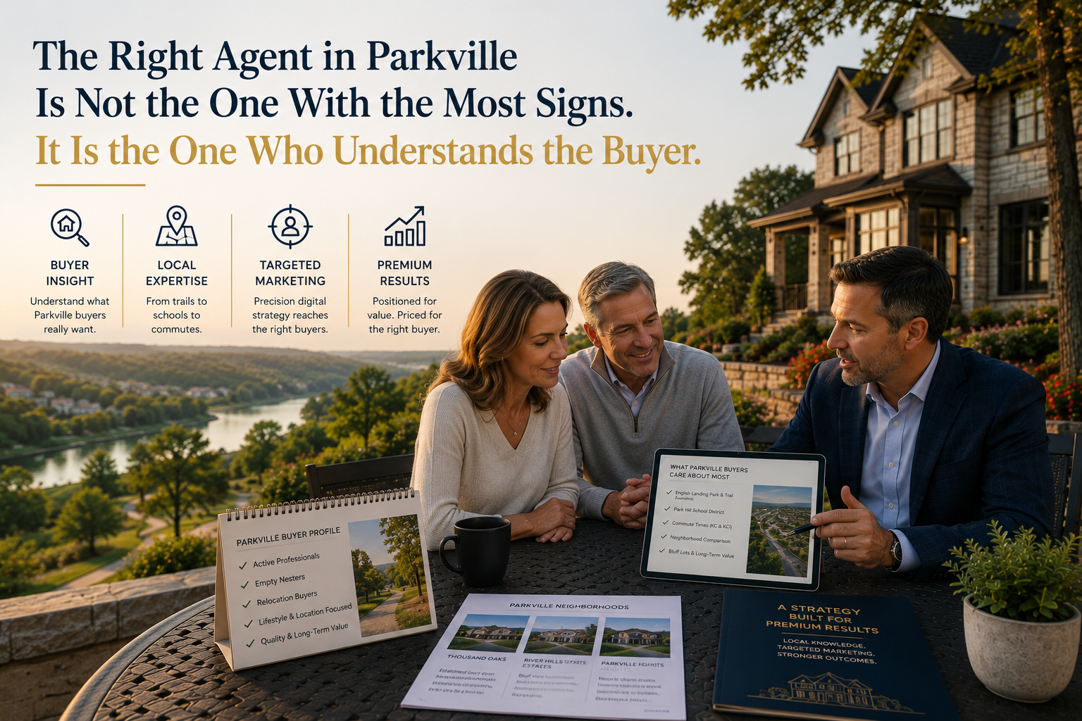 Parkville Missouri real estate advisor explaining buyer psychology, local neighborhood value, and targeted marketing strategy to homeowners outside a luxury bluff-view home.