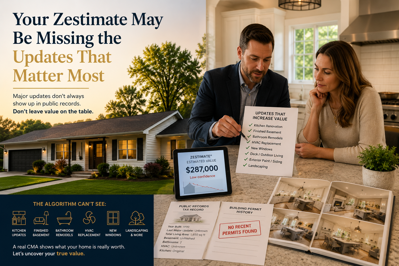 Liberty Missouri real estate advisor reviewing home updates with a homeowner, showing why online estimates may miss renovations like kitchens, finished basements, HVAC, windows, and landscaping.