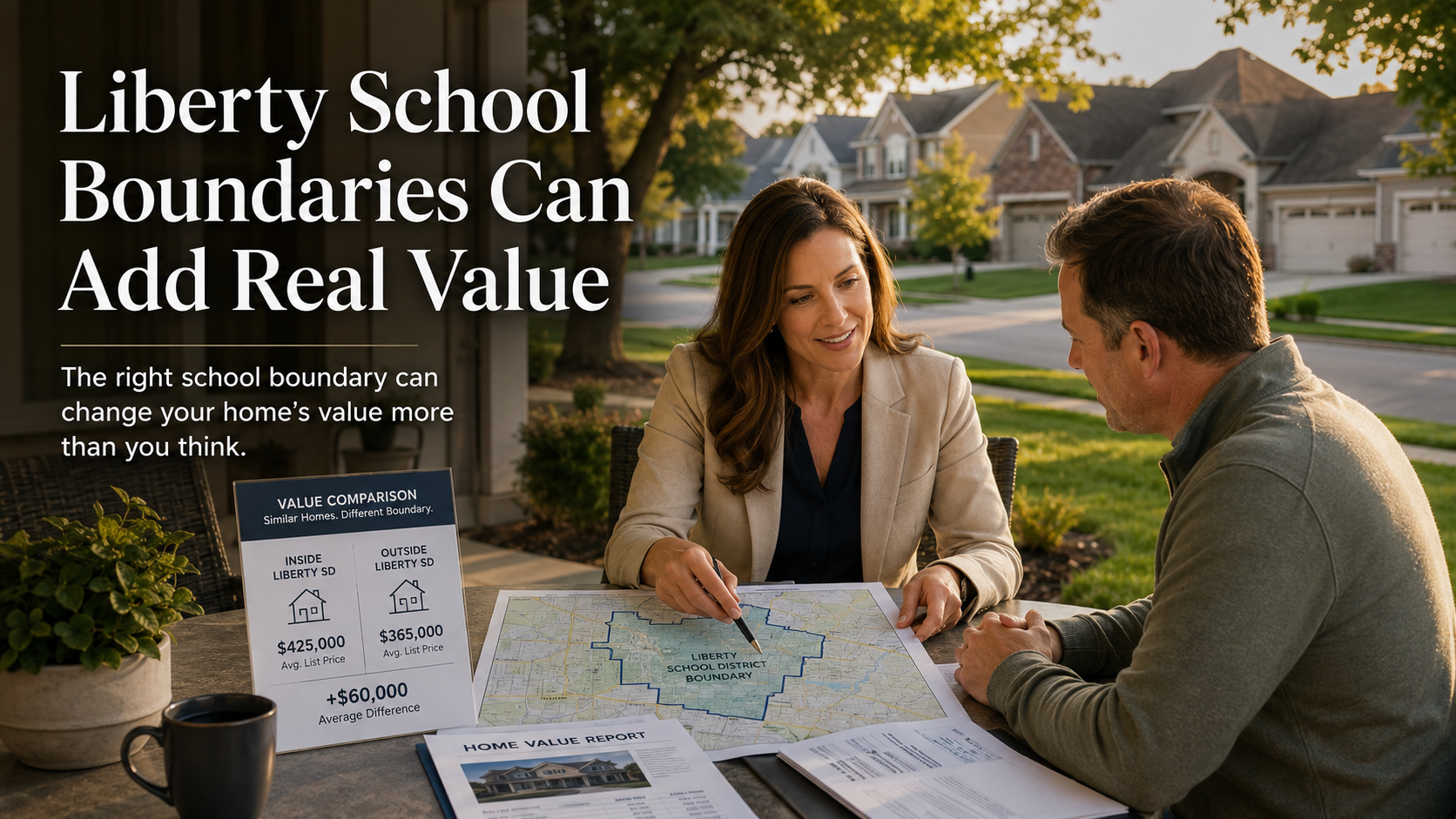 Liberty Missouri real estate advisor reviewing school district boundary map with homeowner, showing how Liberty School District access can increase home value and buyer demand.
