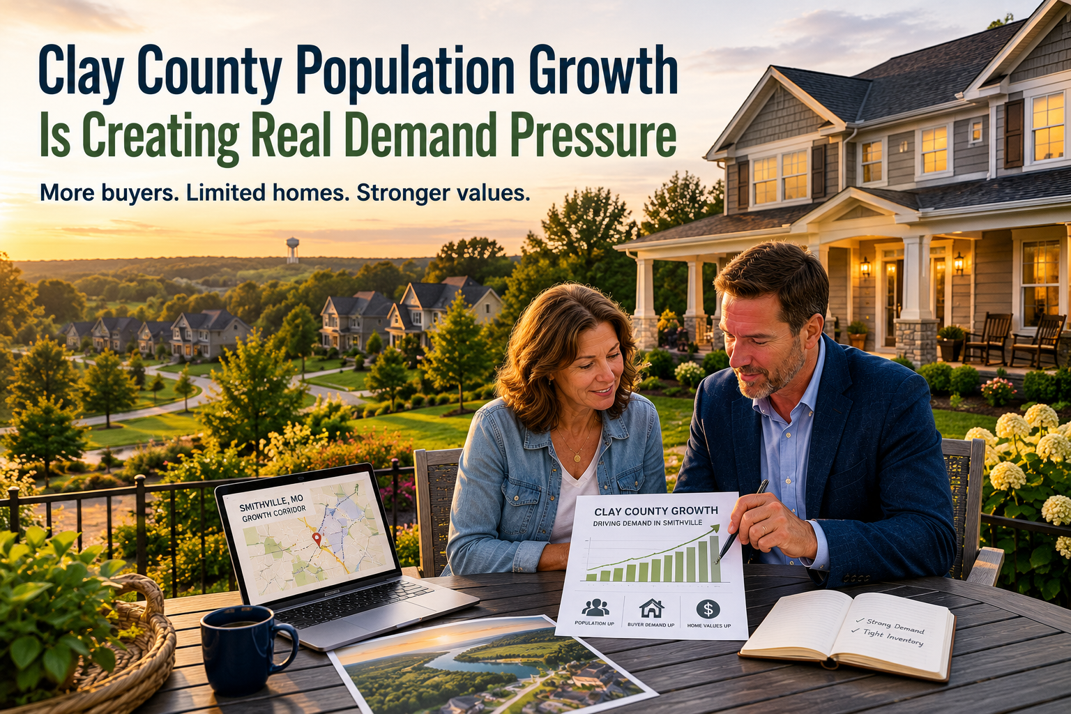 Smithville Missouri real estate advisor reviewing Clay County population growth and housing demand data with homeowner, showing how more buyers, limited inventory, and metro access can increase home values. Smithville Missouri real estate advisor reviewing Clay County population growth and housing demand data with homeowner, showing how more buyers, limited inventory, and metro access can increase home values.