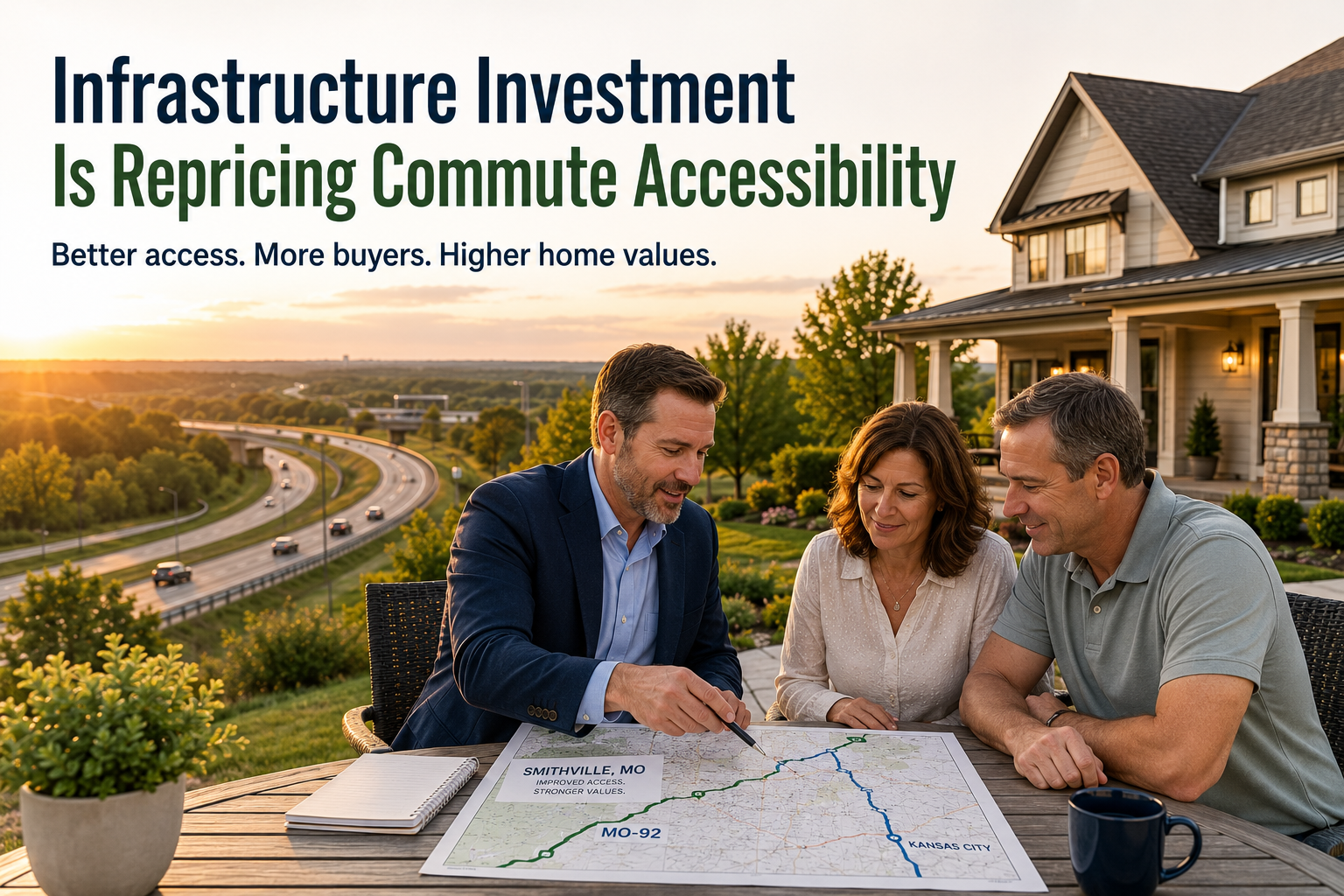 Smithville Missouri real estate advisor reviewing commute access and Route 92 improvements with homeowners, showing how better infrastructure can increase buyer demand and home values. Smithville Missouri real estate advisor reviewing commute access and Route 92 improvements with homeowners, showing how better infrastructure can increase buyer demand and home values.