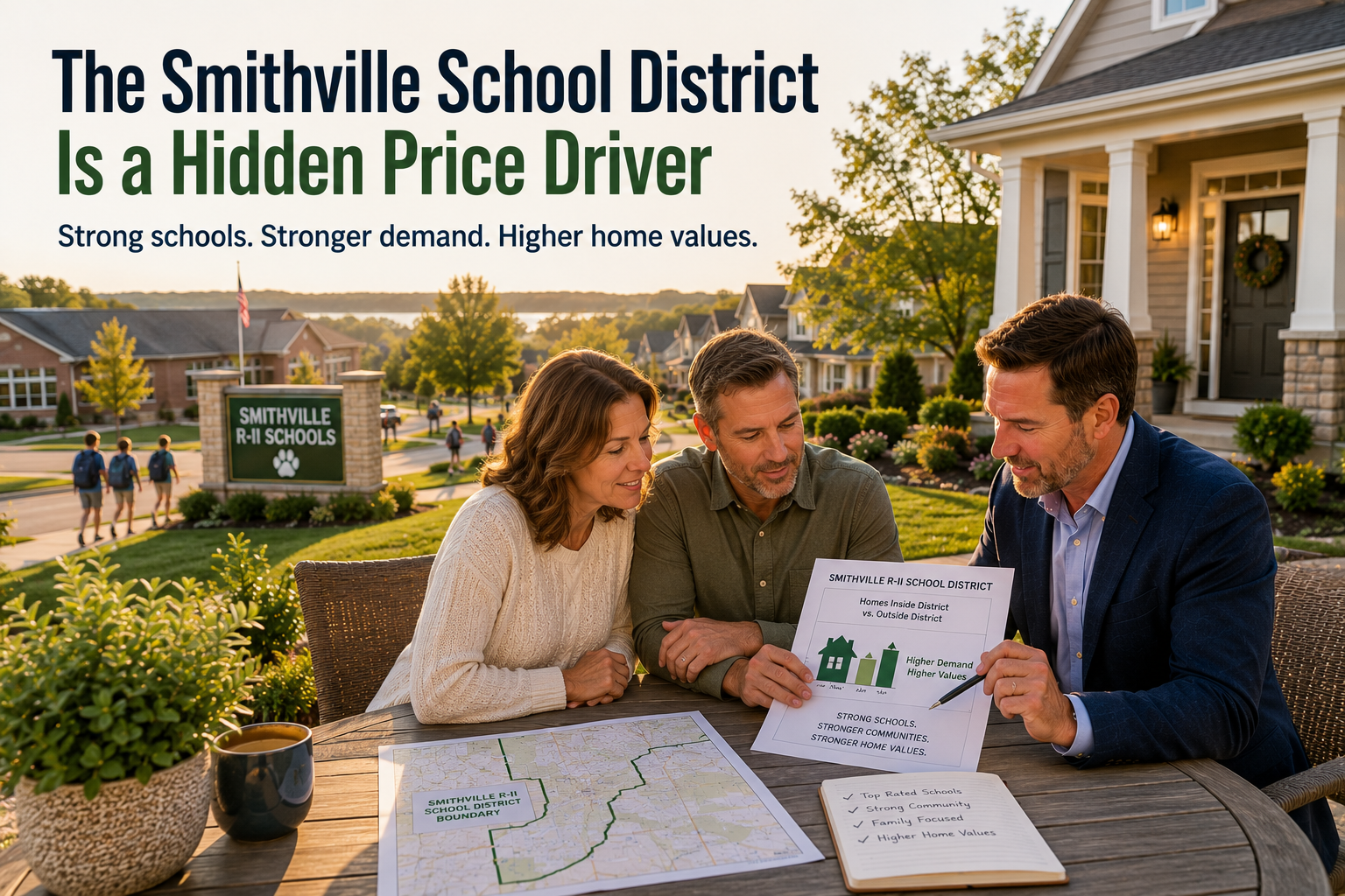 Smithville Missouri real estate advisor reviewing school district boundary and home value data with homeowners, showing how Smithville R-II schools can increase buyer demand and property value. Smithville Missouri real estate advisor reviewing school district boundary and home value data with homeowners, showing how Smithville R-II schools can increase buyer demand and property value.