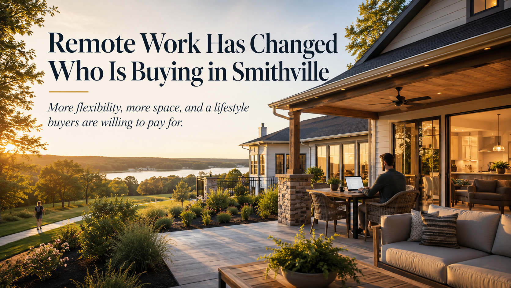 Smithville Missouri home with lake views and outdoor workspace at sunset, showing how remote work migration is increasing buyer demand for space, lifestyle, and flexible living. Smithville Missouri home with lake views and outdoor workspace at sunset, showing how remote work migration is increasing buyer demand for space, lifestyle, and flexible living.