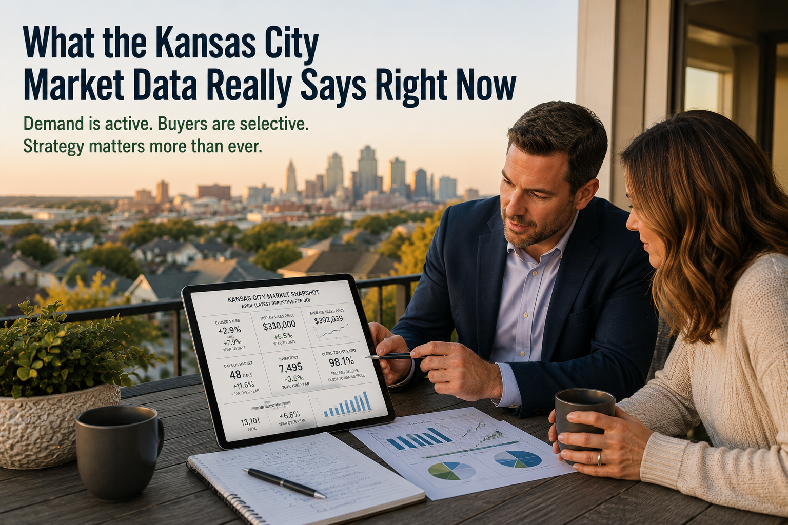Kansas City real estate advisor reviewing current housing market data with homeowner, showing active buyer demand, selective buyers, rising prices, inventory trends, and strategy-driven selling decisions.