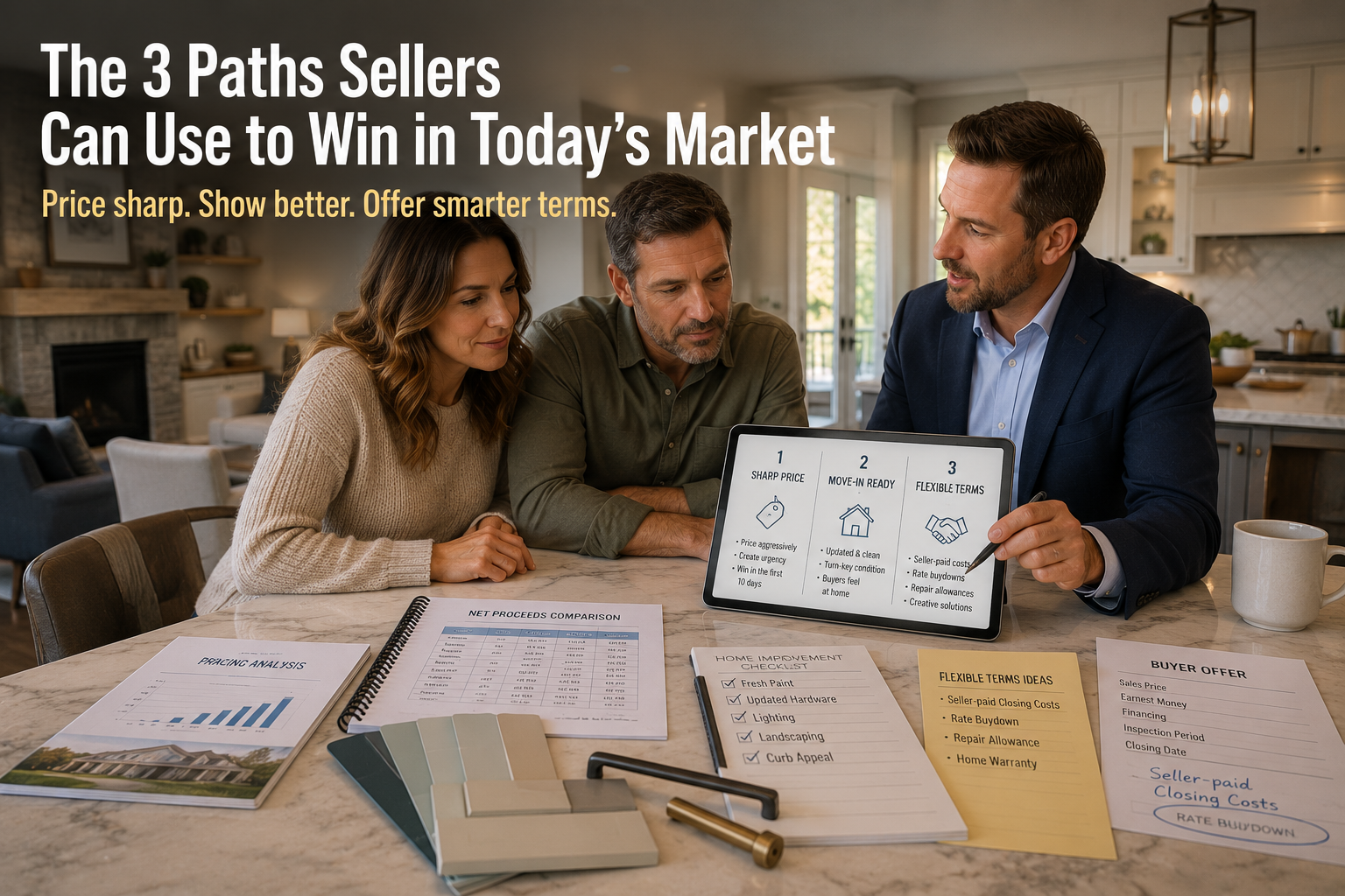 Kansas City real estate advisor reviewing three seller strategies with homeowners, showing how sharp pricing, move-in-ready updates, and flexible terms can help sellers win in today’s market.