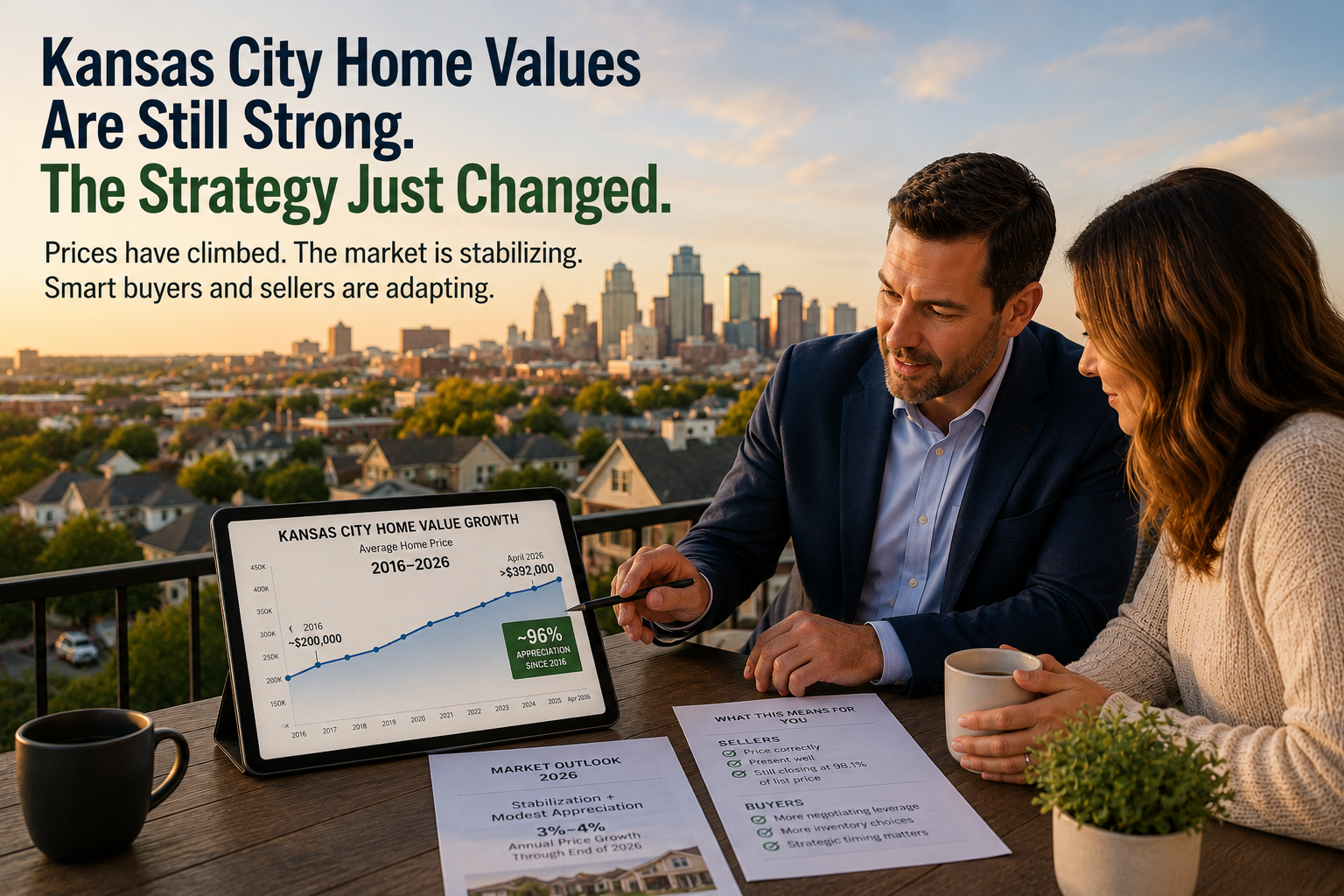 Kansas City real estate advisor reviewing long-term home value growth with homeowner, showing strong appreciation since 2016, market stabilization, and strategy-driven decisions for buyers and sellers.