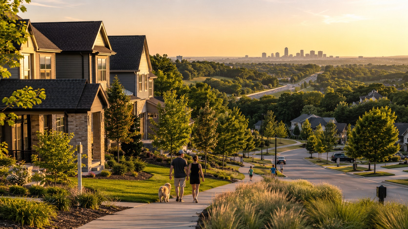 Golden hour view of a growing Northland Kansas City neighborhood with newer homes, walking trails, families, green space, highway access, and the downtown skyline in the distance. Golden hour view of a growing Northland Kansas City neighborhood with newer homes, walking trails, families, green space, highway access, and the downtown skyline in the distance.