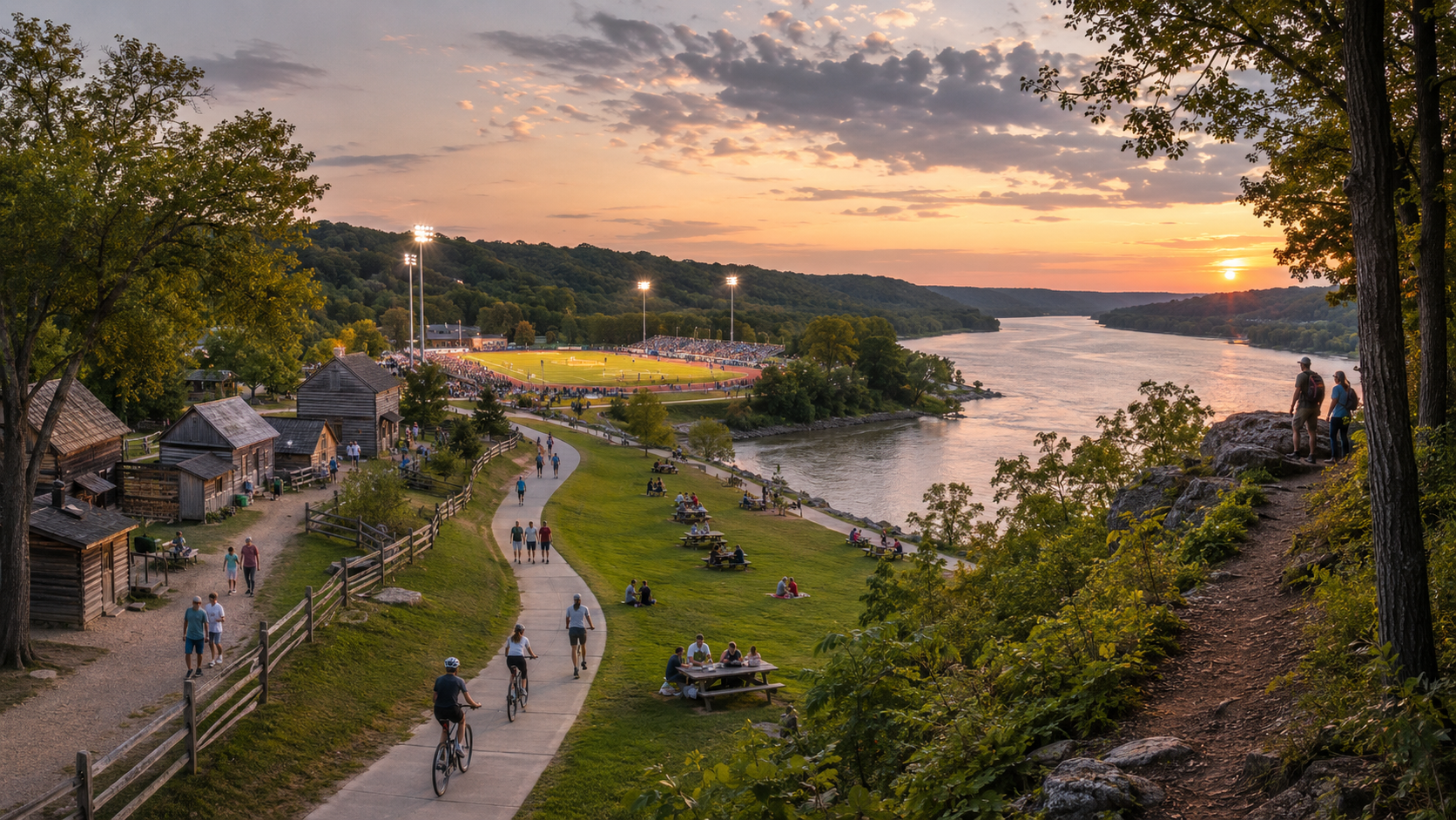 Free things to do in the Northland Kansas City, featuring English Landing Park, Missouri River views, Shoal Creek Living History Museum grounds, local high school sports, and wooded bluff trails. Free things to do in the Northland Kansas City, featuring English Landing Park, Missouri River views, Shoal Creek Living History Museum grounds, local high school sports, and wooded bluff trails.