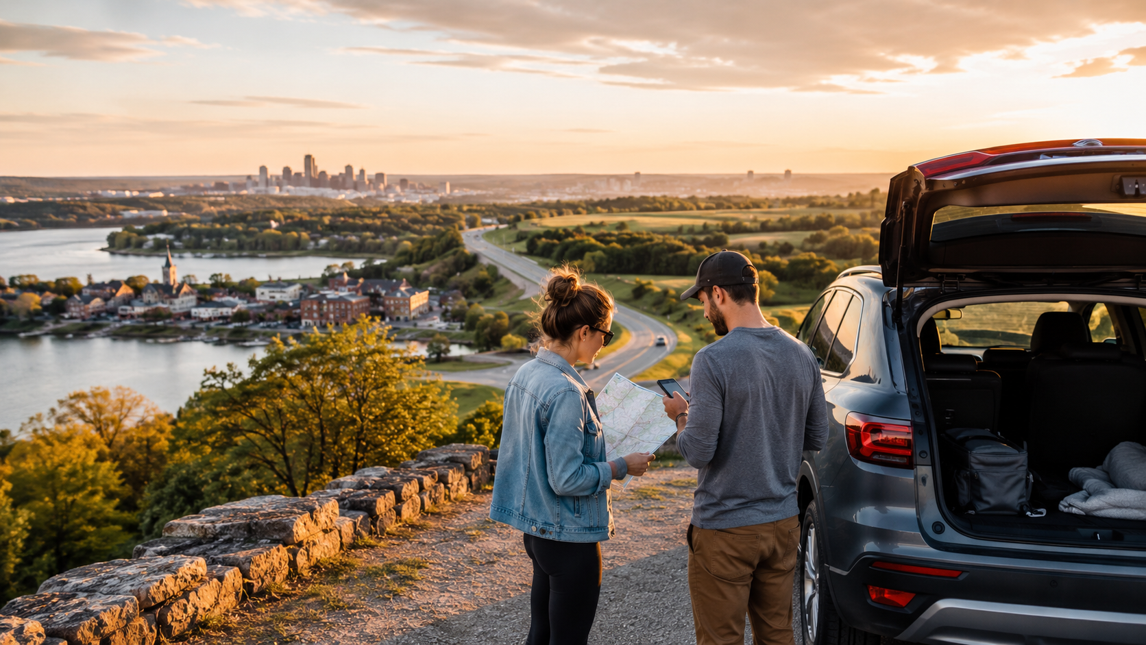 Couple planning a weekend road trip from Kansas City with an SUV, map, scenic overlook, distant skyline, river town, highway, farmland, and golden hour sunset.