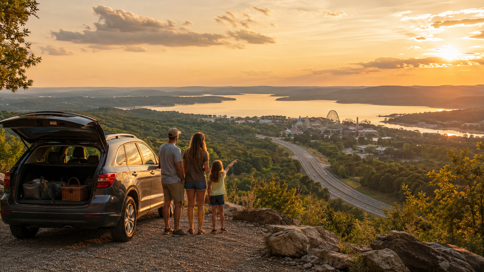 Family overlooking Branson Missouri and Table Rock Lake at golden hour with an SUV, Ozark hills, scenic highway, and family-friendly attractions in the distance.