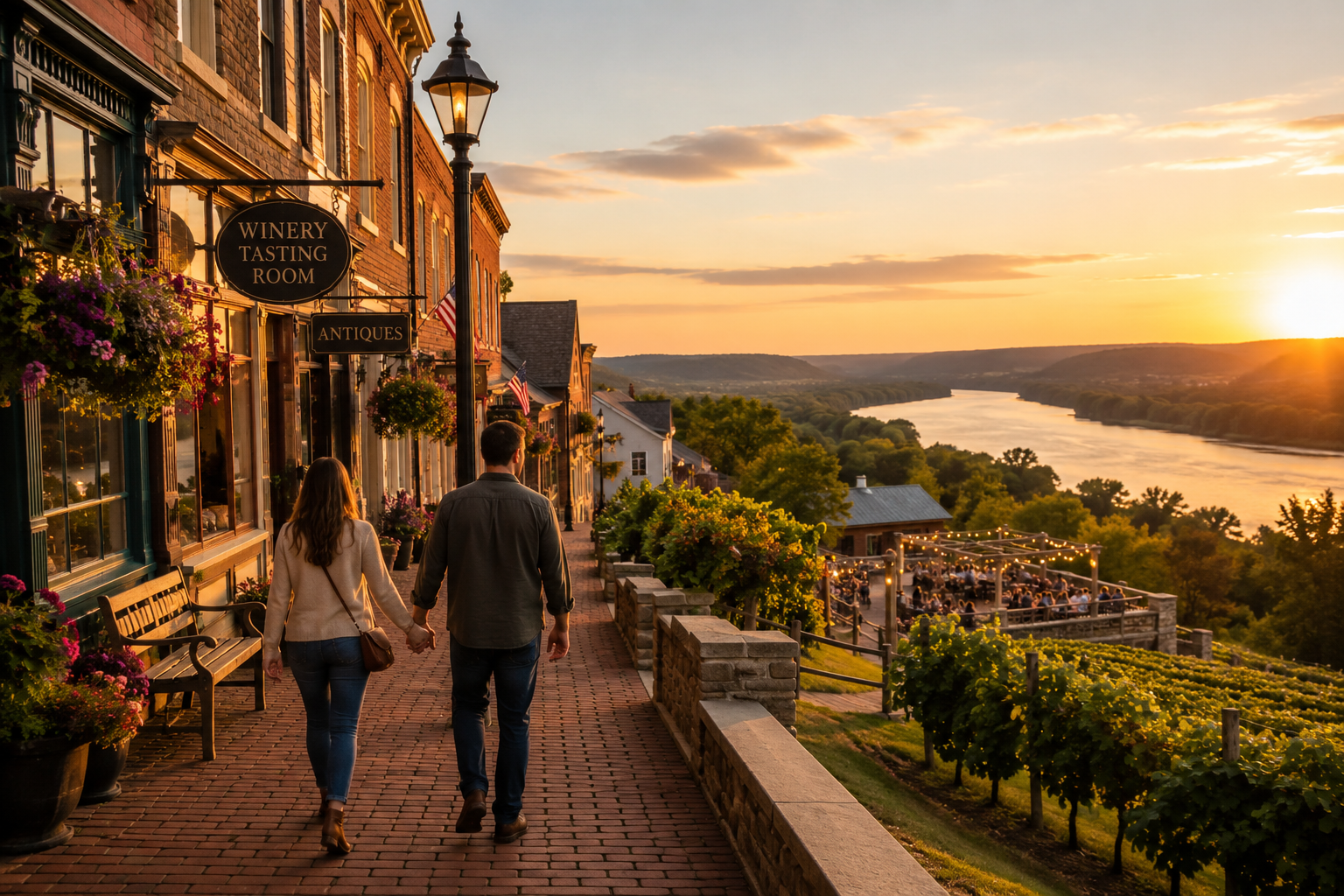 Couple walking through historic Weston Missouri at sunset with brick storefronts, winery tasting room, rolling vineyards, and Missouri River views for a romantic weekend getaway from Kansas City.