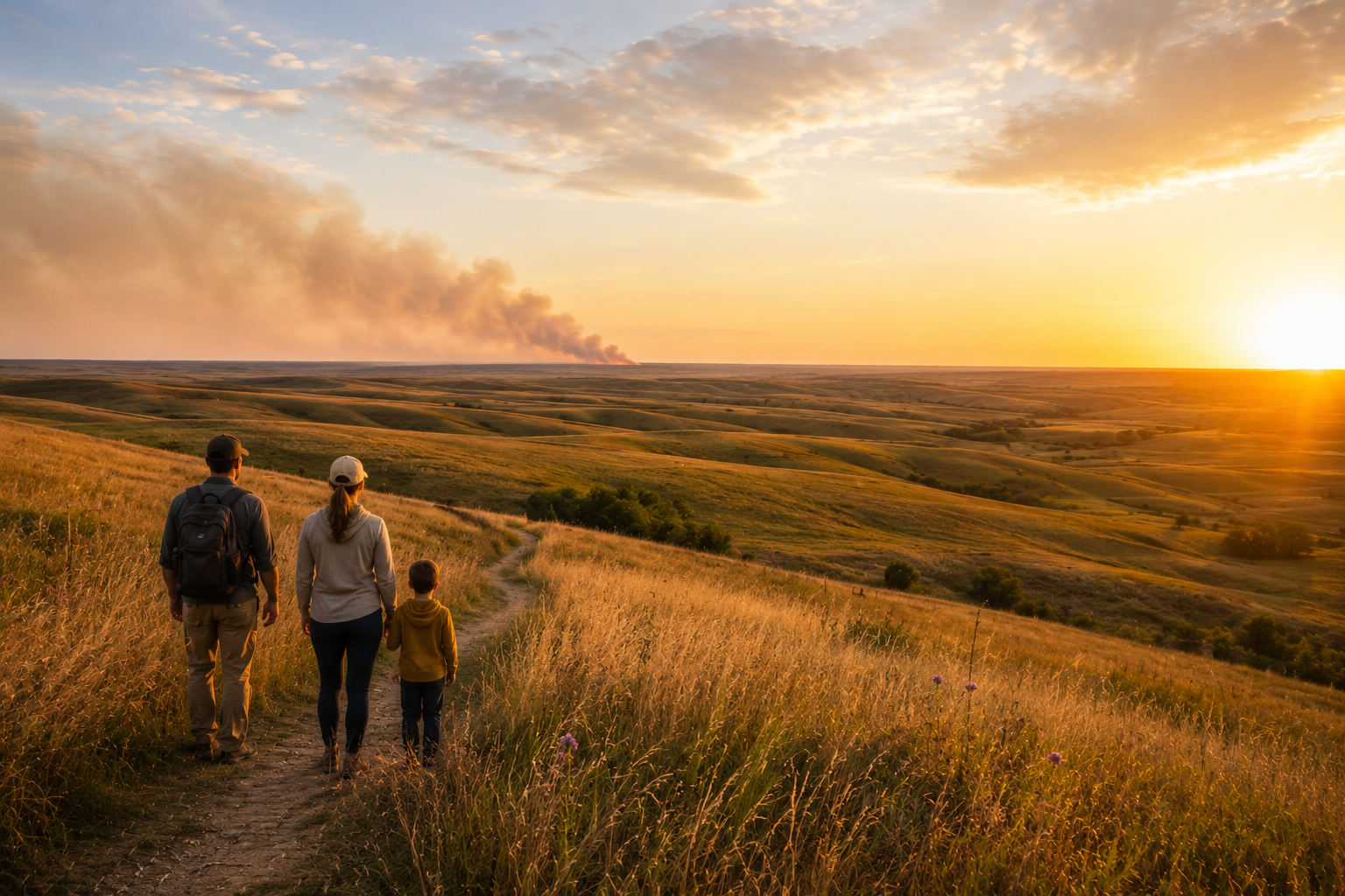 Family hiking through the Flint Hills Kansas tallgrass prairie at golden hour with rolling hills, native grasses, and distant prescribed burn smoke.