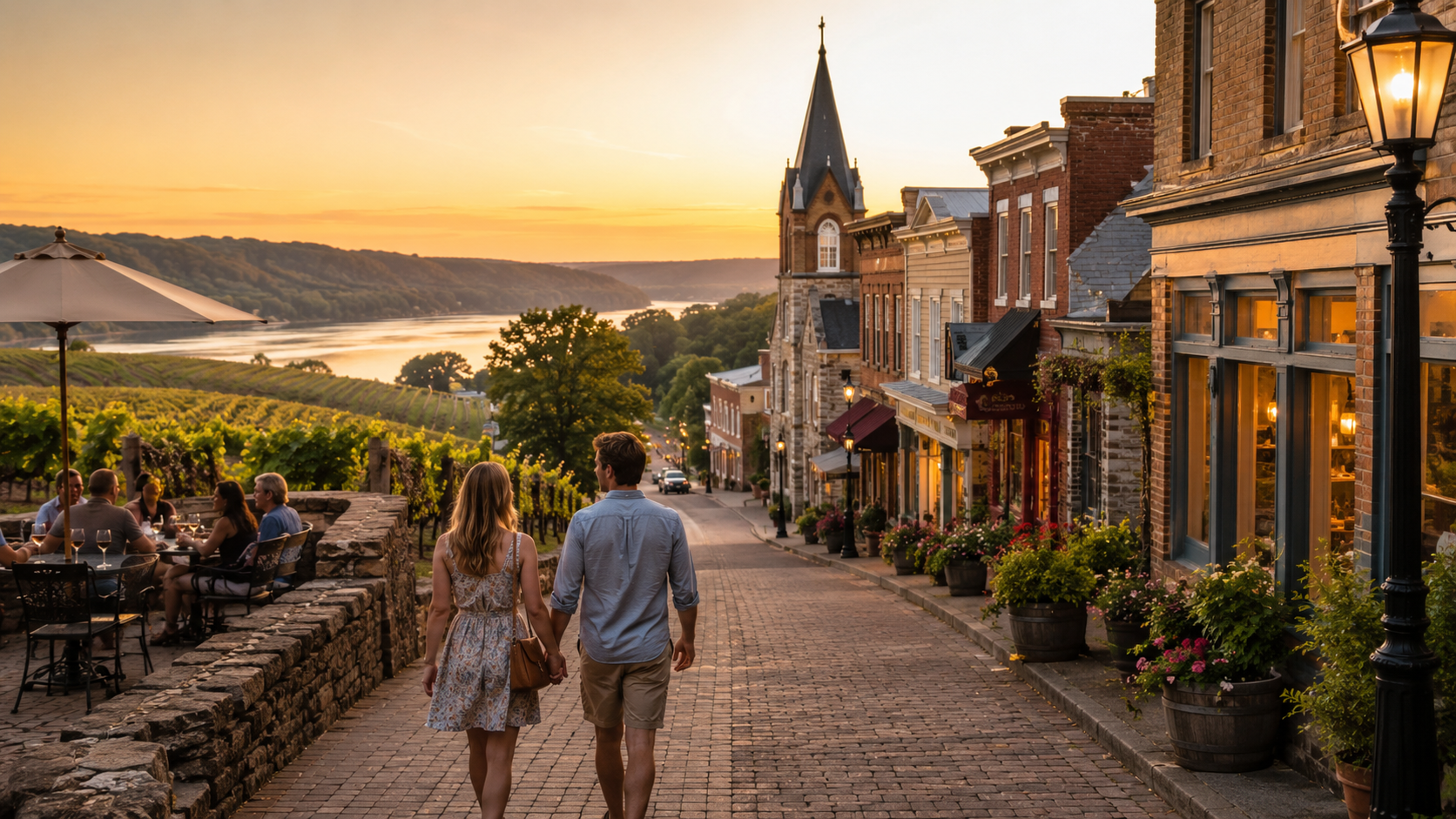 Couple strolling through historic Hermann Missouri at sunset with wineries, German-style architecture, Missouri River bluff views, and a romantic wine country weekend atmosphere.