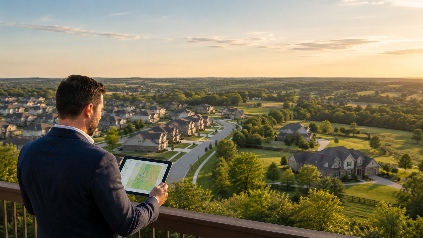 Real estate advisor reviewing a Platte City market map while overlooking new homes, established neighborhoods, and acreage properties at sunset. Real estate advisor reviewing a Platte City market map while overlooking new homes, established neighborhoods, and acreage properties at sunset.
