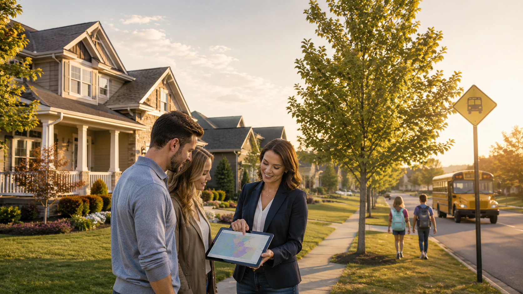 Real estate advisor reviewing Platte City school attendance zones with buyers near a family-friendly neighborhood and school bus at sunset. Real estate advisor reviewing Platte City school attendance zones with buyers near a family-friendly neighborhood and school bus at sunset.