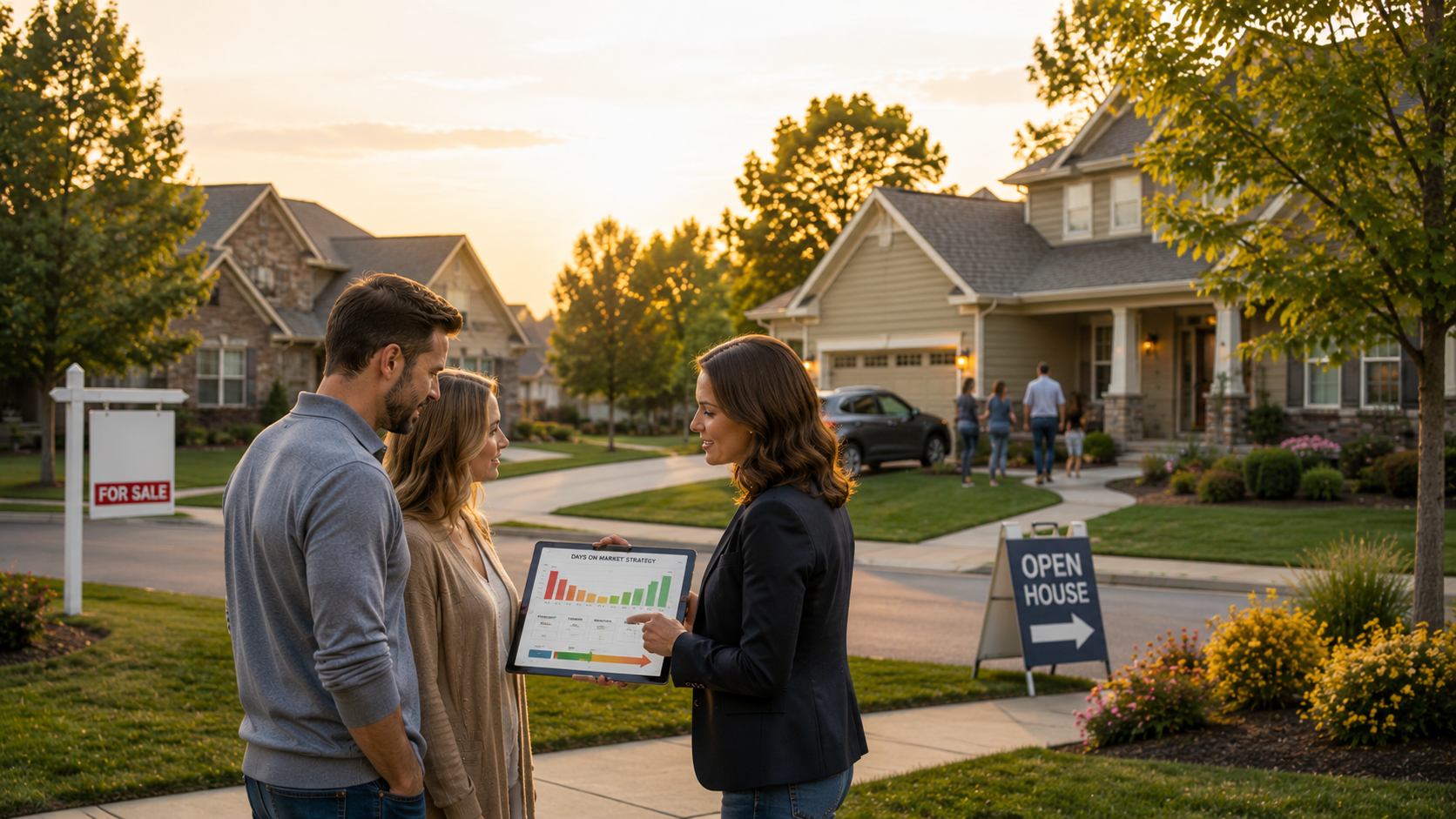 Real estate advisor reviewing days-on-market strategy with Platte City sellers beside homes for sale and active buyer showings at sunset. Real estate advisor reviewing days-on-market strategy with Platte City sellers beside homes for sale and active buyer showings at sunset.
