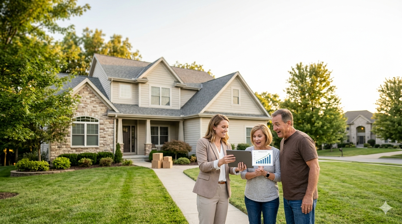 Real estate advisor showing Platte City homeowners a rising home value report outside their home as they discover their increased equity. Real estate advisor showing Platte City homeowners a rising home value report outside their home as they discover their increased equity.
