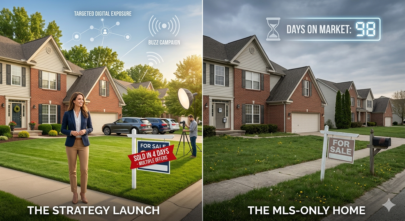 Split-screen real estate marketing image comparing a fast strategic launch with digital exposure to an MLS-only home sitting 98 days on market. Split-screen real estate marketing image comparing a fast strategic launch with digital exposure to an MLS-only home sitting 98 days on market.