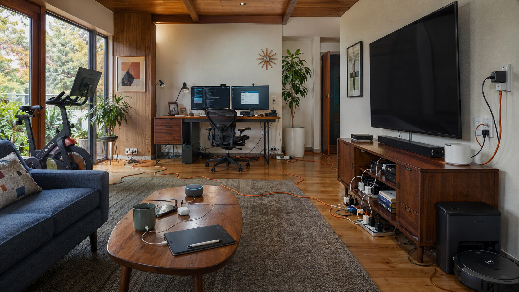 Mid-century modern living room overloaded with extension cords, chargers, power strips, dual monitors, smart devices, exercise bike, robot vacuum, and streaming equipment showing the electrical challenges of older homes.