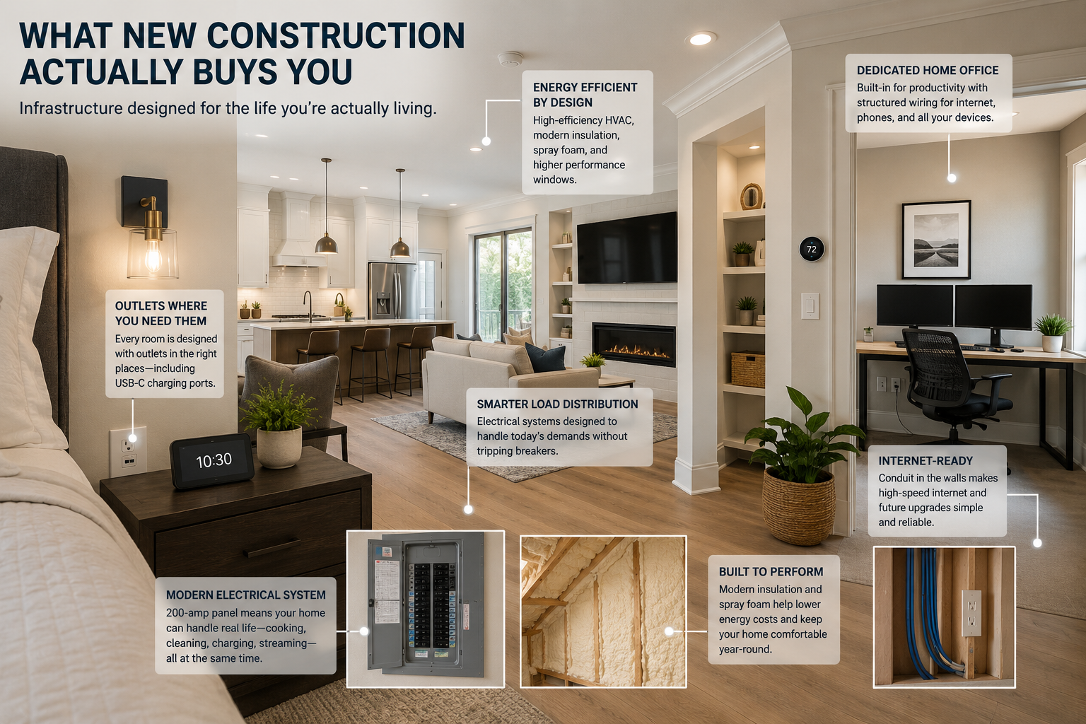 Modern new construction home interior highlighting smart infrastructure, USB-C outlets, dedicated home office wiring, energy-efficient insulation, 200-amp electrical panel, and organized technology systems for today’s buyers.