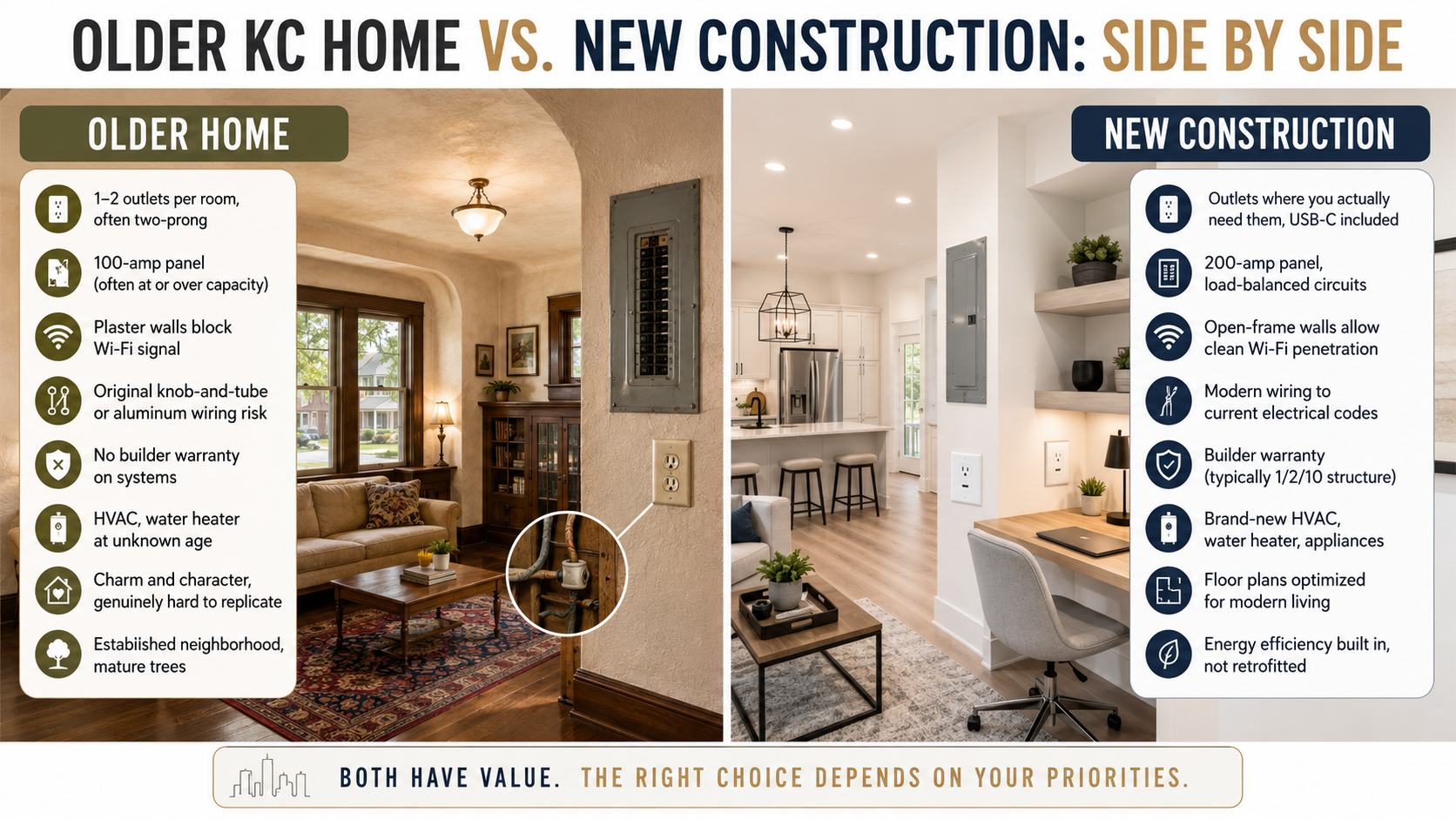 Side-by-side comparison graphic showing an older Kansas City home versus new construction, highlighting differences in outlets, electrical panels, wiring, Wi-Fi performance, warranties, HVAC systems, energy efficiency, and modern floor plans.
