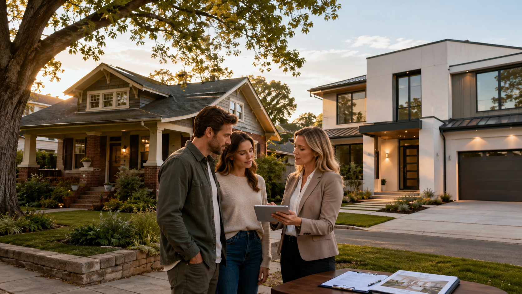 Real estate advisor reviewing new construction and historic Kansas City home options with buyers, comparing charm, infrastructure, inspections, electrical systems, warranties, and modern lifestyle needs.