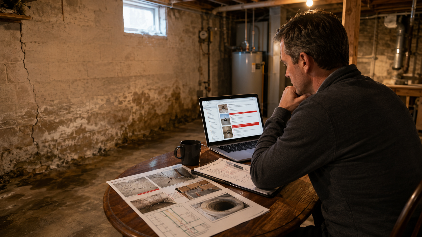 Buyer reviewing a home inspection report in an older Kansas City basement with foundation cracks, water staining, sewer scope photos, and red warning notes highlighting costly unknown repair issues.