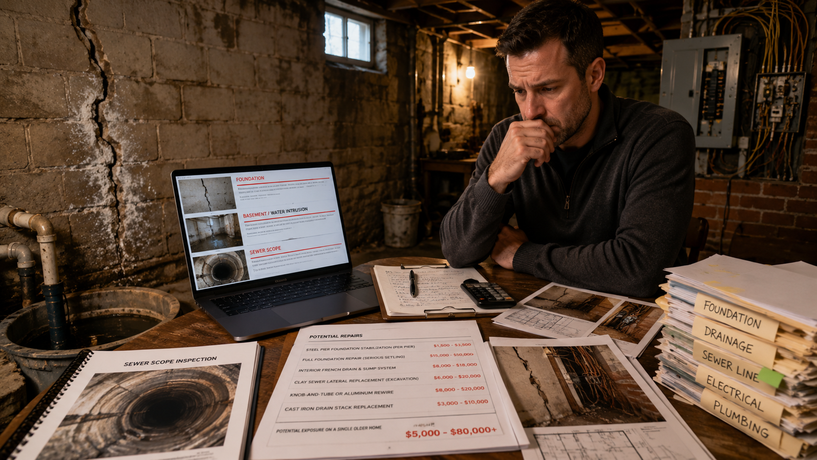 Worried buyer reviewing costly older Kansas City home inspection repairs in a basement with foundation cracks, water intrusion, sewer scope report, outdated wiring, and repair estimates.