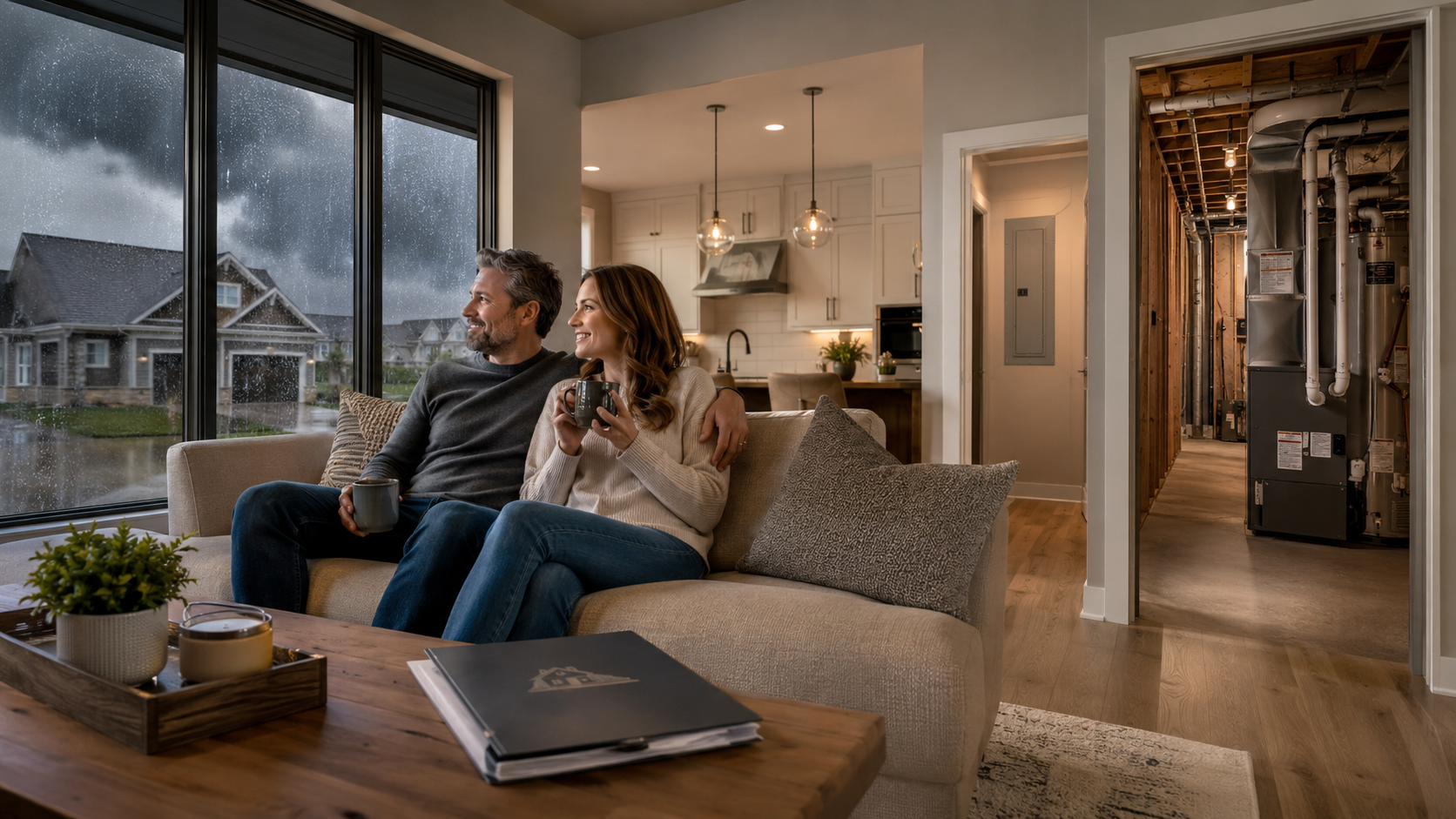 Couple relaxing in a new construction Kansas City home during a rainstorm, highlighting builder warranty peace of mind, modern mechanical systems, waterproofing, and protected home infrastructure.