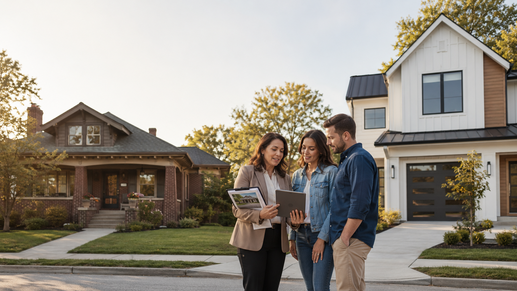 Real estate advisor helping buyers compare an older Kansas City home with new construction, weighing historic charm, inspection risks, builder warranty protection, and long-term ownership costs.
