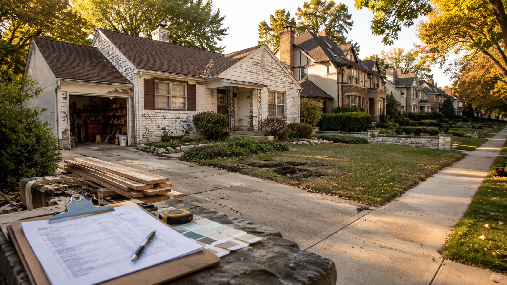 Fixer-upper home in a desirable Kansas City neighborhood with renovation materials, inspection checklist, and upscale homes nearby, showing the myth of cheap instant equity. Fixer-upper home in a desirable Kansas City neighborhood with renovation materials, inspection checklist, and upscale homes nearby, showing the myth of cheap instant equity.