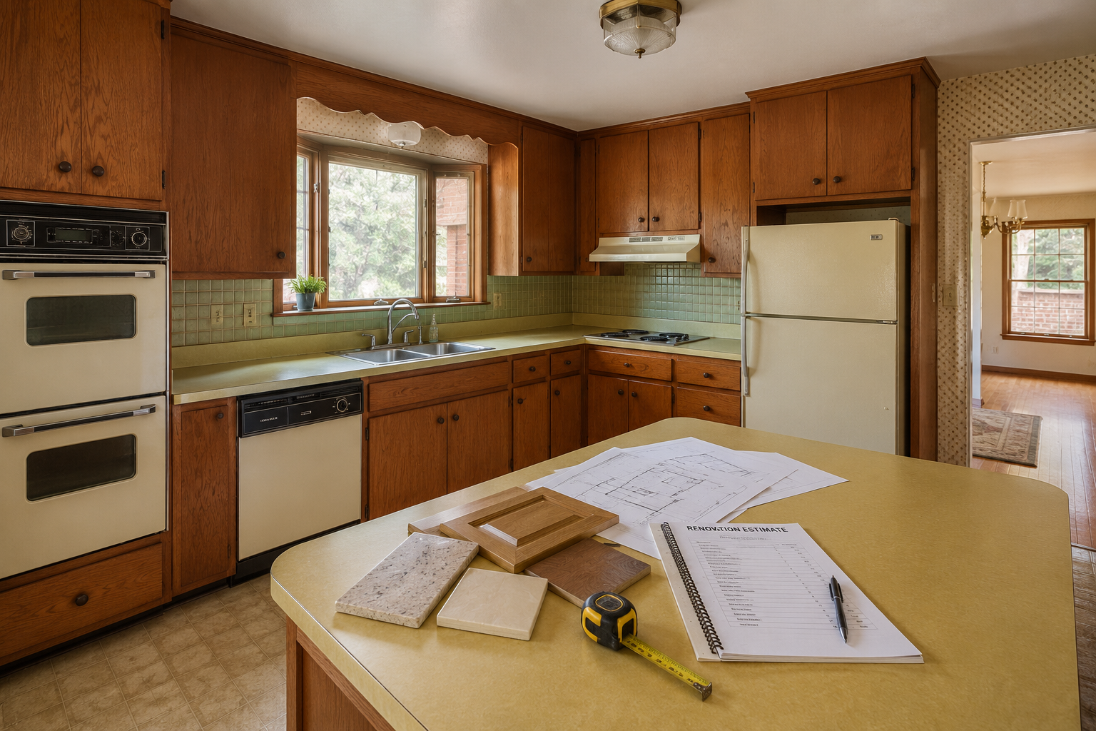 Dated Kansas City kitchen with older cabinets, laminate countertops, renovation samples, blueprints, and cost estimate showing the real price of a kitchen remodel. Dated Kansas City kitchen with older cabinets, laminate countertops, renovation samples, blueprints, and cost estimate showing the real price of a kitchen remodel.
