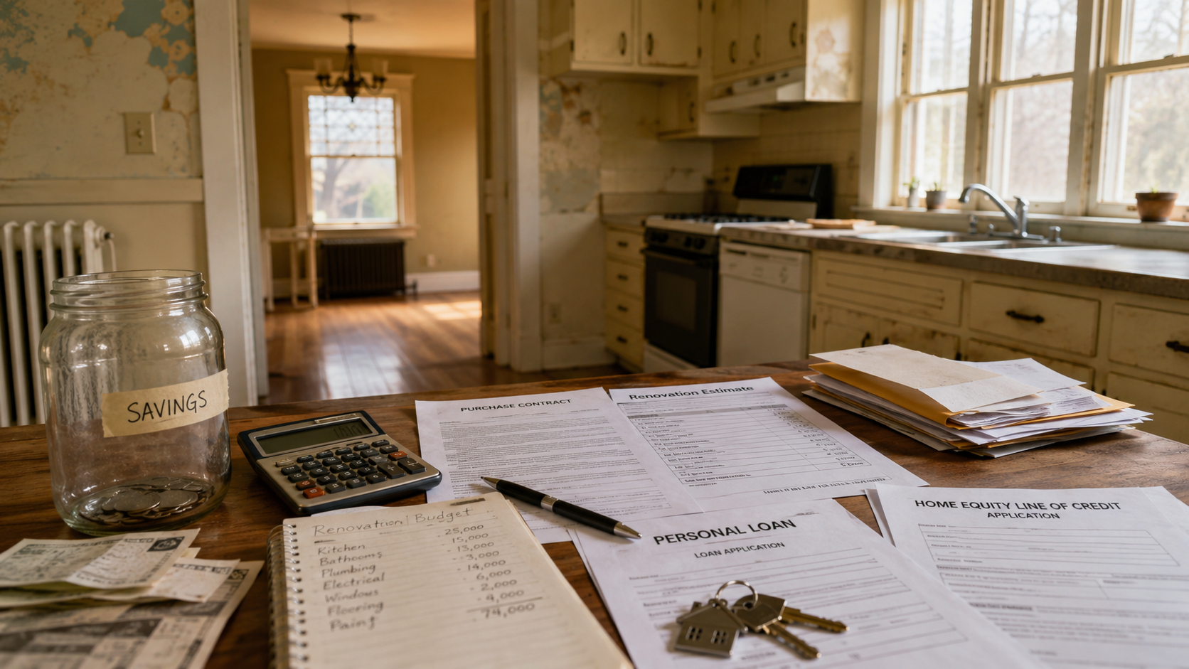 Fixer-upper home purchase with renovation budget, savings jar, loan paperwork, HELOC application, and estimate forms showing the financial stress of funding repairs. Fixer-upper home purchase with renovation budget, savings jar, loan paperwork, HELOC application, and estimate forms showing the financial stress of funding repairs.