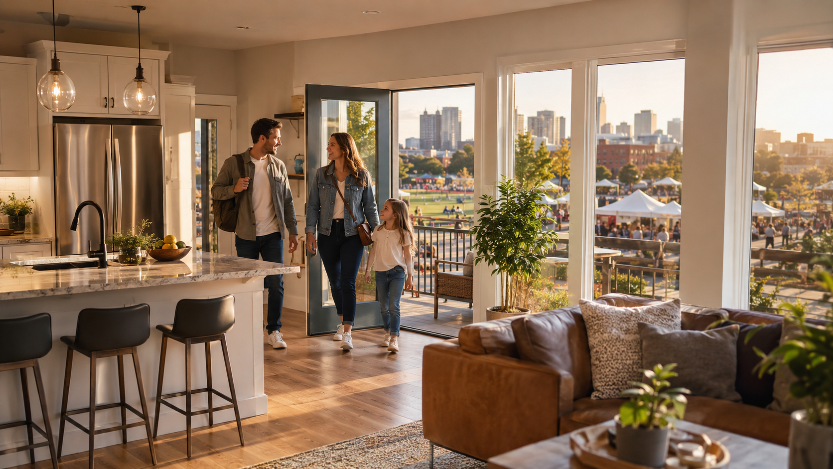 Family leaving a move-in ready Kansas City home for a weekend at the farmers market, showing the shift toward low-maintenance homes and lifestyle-first buyers.