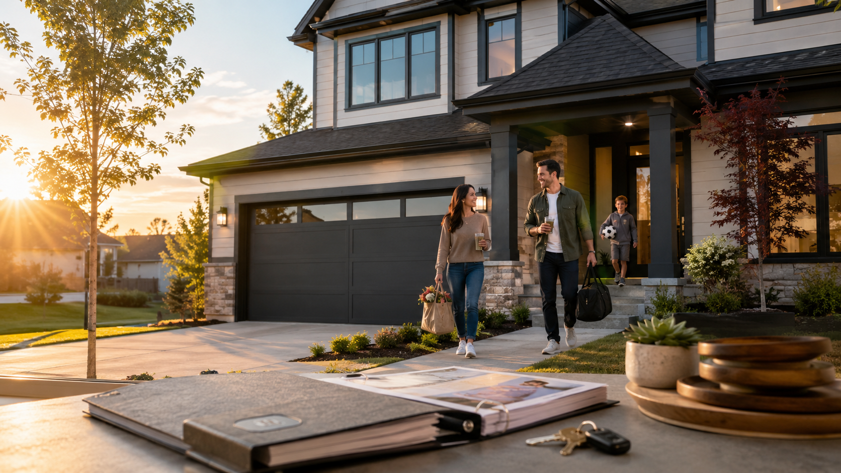 Family leaving a new construction Kansas City home at golden hour, highlighting move-in ready living, builder warranties, new systems, and low-maintenance ownership.