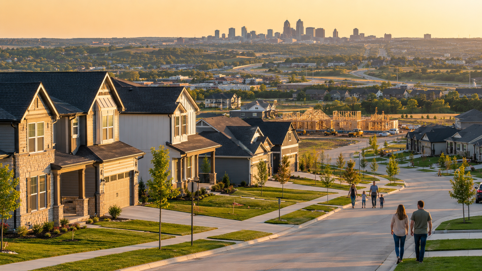 New construction neighborhood in the Kansas City Metro at golden hour with homes under construction, finished houses, families walking, highway access, and downtown skyline in the distance.