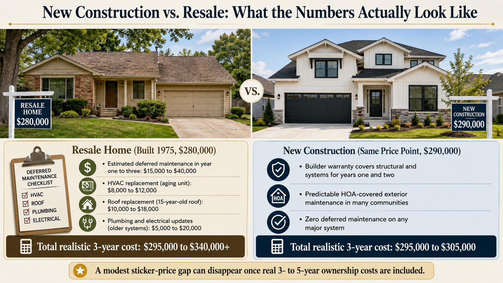 New construction versus resale home cost comparison showing a 1975 resale with deferred maintenance expenses and a new build with warranty protection and lower 3-year ownership costs.