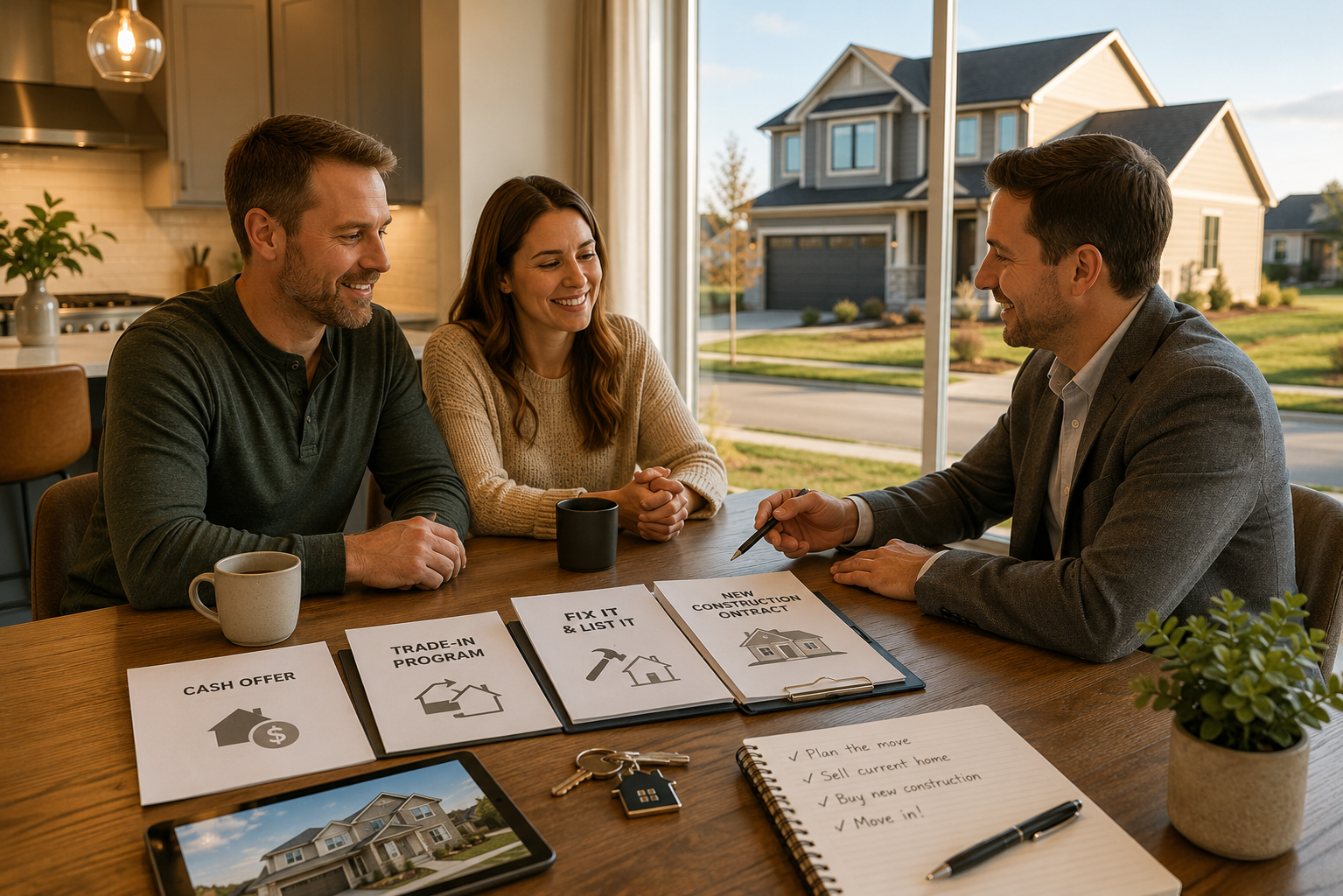 Kansas City homeowners reviewing cash offer, trade-in, fix-it-and-list-it, and new construction options with a real estate advisor to avoid selling first stress.