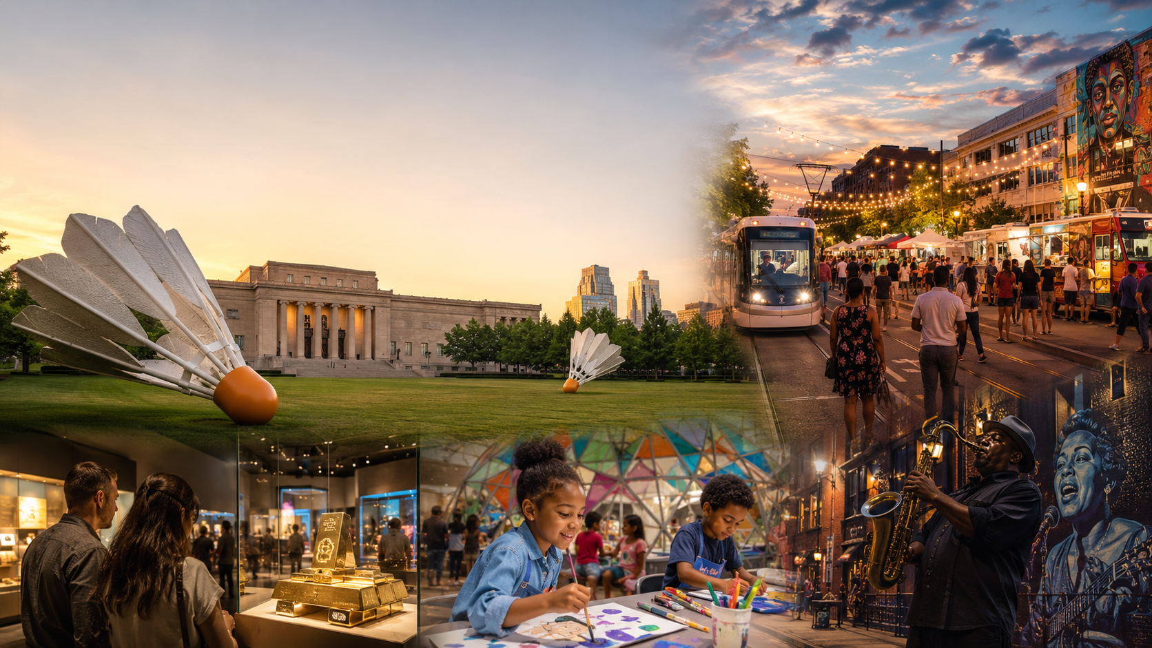 Kansas City arts and culture collage featuring the Nelson-Atkins shuttlecocks, Crossroads streetcar night market, 18th and Vine jazz, kids art activities, and museum exhibits. Kansas City arts and culture collage featuring the Nelson-Atkins shuttlecocks, Crossroads streetcar night market, 18th and Vine jazz, kids art activities, and museum exhibits.
