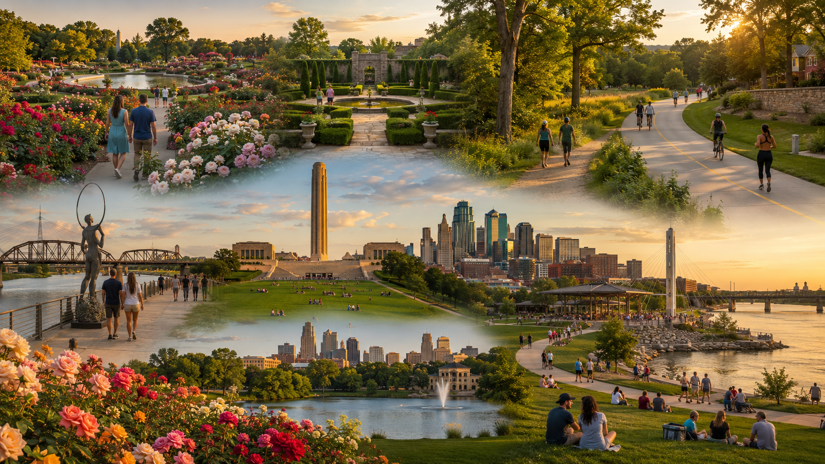 Kansas City parks and outdoor attractions collage featuring Loose Park roses, Kauffman Memorial Garden, Liberty Memorial skyline views, riverfront trails, cyclists, walkers, and scenic green spaces. Kansas City parks and outdoor attractions collage featuring Loose Park roses, Kauffman Memorial Garden, Liberty Memorial skyline views, riverfront trails, cyclists, walkers, and scenic green spaces.