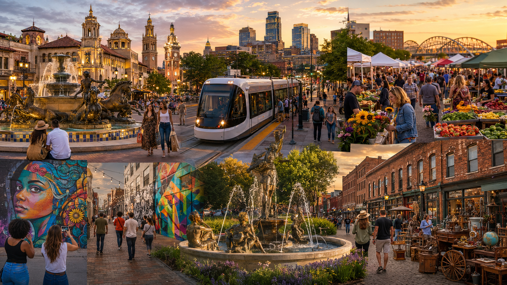 Kansas City neighborhood experiences collage featuring the Country Club Plaza fountain, KC Streetcar, City Market vendors, colorful murals, West Bottoms antiques, and downtown skyline. Kansas City neighborhood experiences collage featuring the Country Club Plaza fountain, KC Streetcar, City Market vendors, colorful murals, West Bottoms antiques, and downtown skyline.