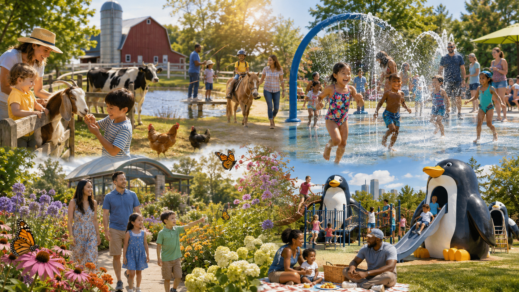 Family-friendly Kansas City attractions collage featuring Deanna Rose Farmstead animals, kids playing at splash pads, Powell Gardens butterflies, and Penguin Park playground. Family-friendly Kansas City attractions collage featuring Deanna Rose Farmstead animals, kids playing at splash pads, Powell Gardens butterflies, and Penguin Park playground.