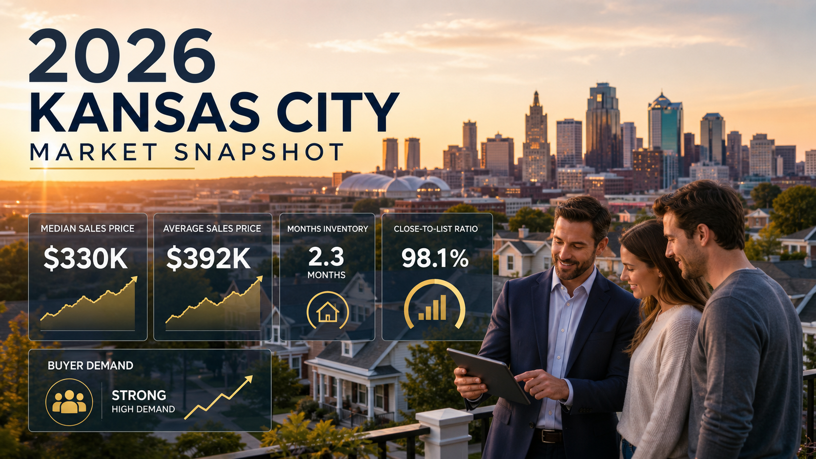 Kansas City 2026 real estate market snapshot with skyline, neighborhood homes, rising market data, home equity growth, and strong seller-side housing trends.