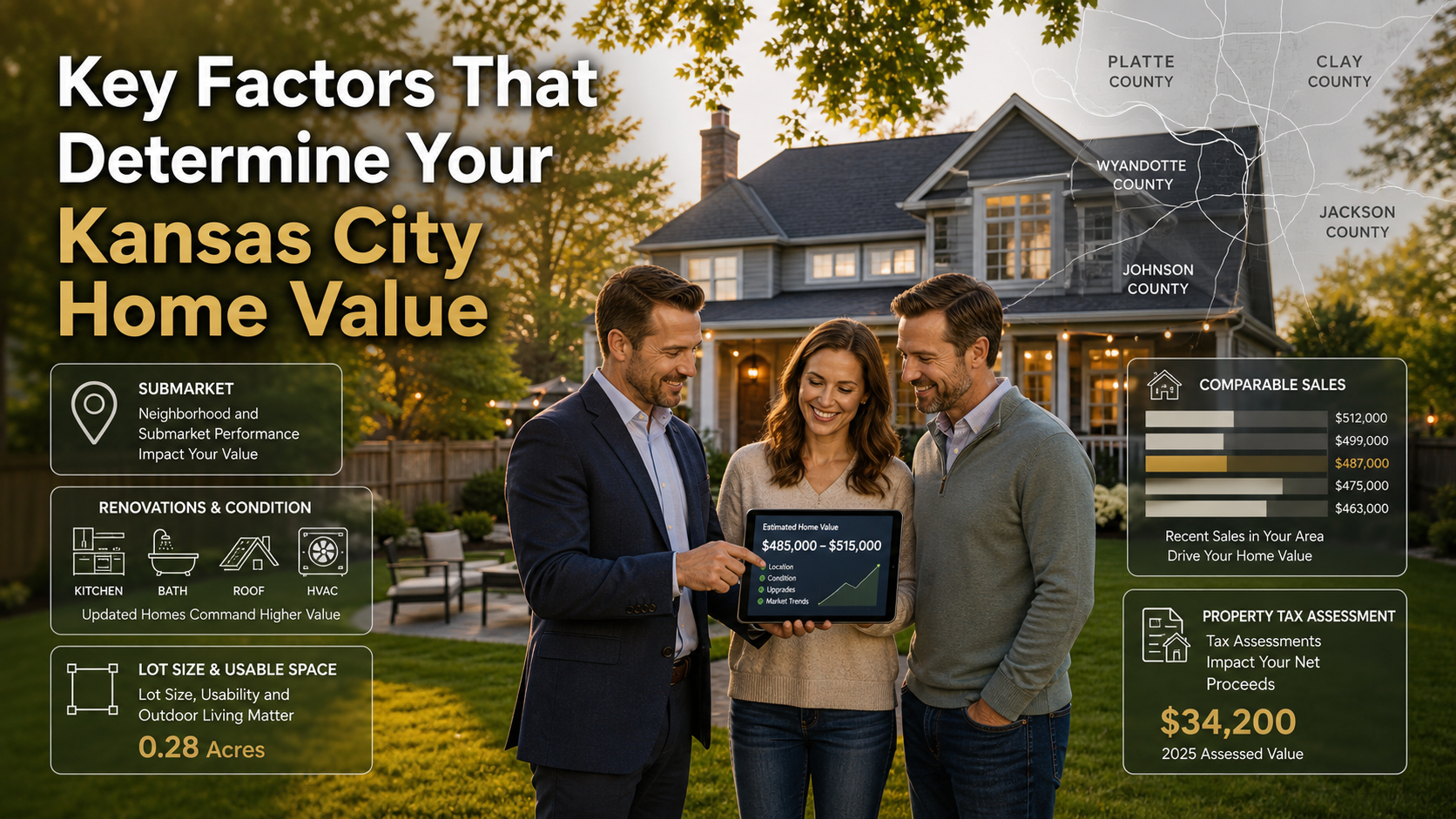 Kansas City homeowners reviewing home value factors with real estate advisor, including location, upgrades, lot size, recent comparable sales, and property tax assessment.